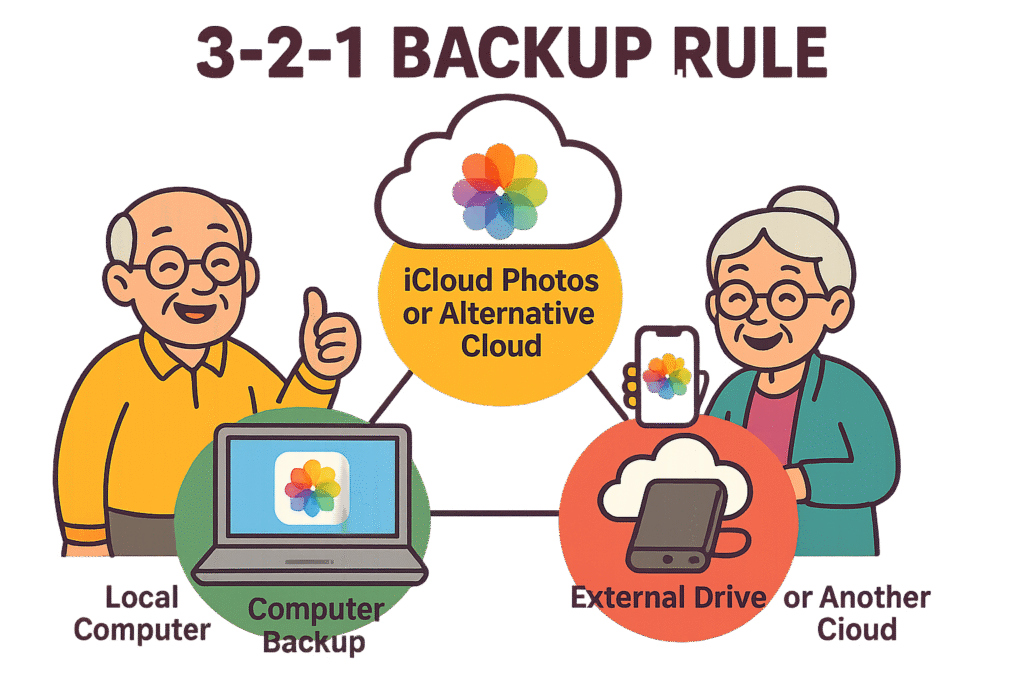 !A simple graphic illustrating the 3-2-1 Backup Rule. It shows three copies of data, two on different media types (like a cloud icon and a hard drive icon), and one located offsite (represented by a house icon).