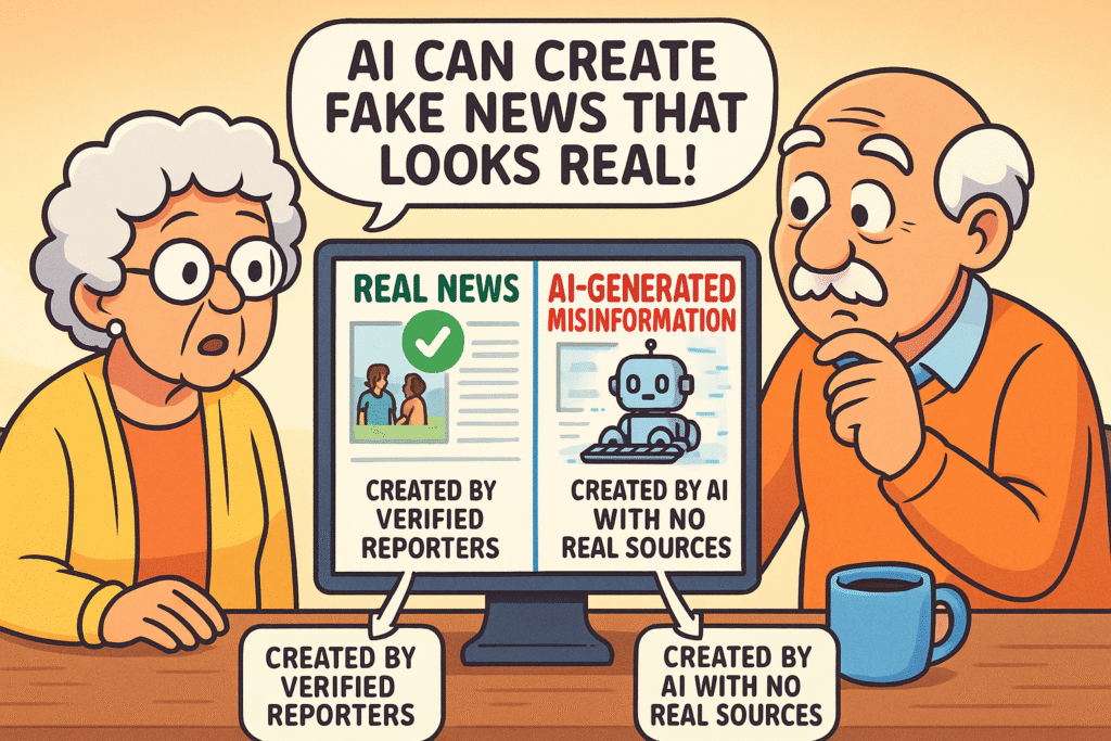An image comparing a legitimate news article on a tablet with a fake, sensationalized AI-generated article on a laptop.