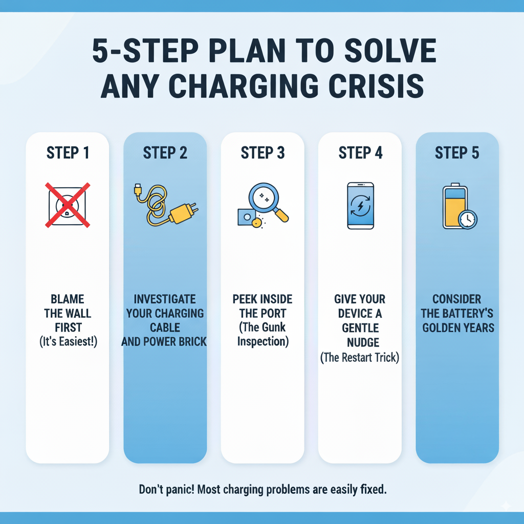 A five-step flowchart graphic illustrating a simple troubleshooting process for charging issues. The steps are: 1. Check Outlet, 2. Inspect Cable & Adapter, 3. Examine Port, 4. Restart Device, 5. Consider Battery.
