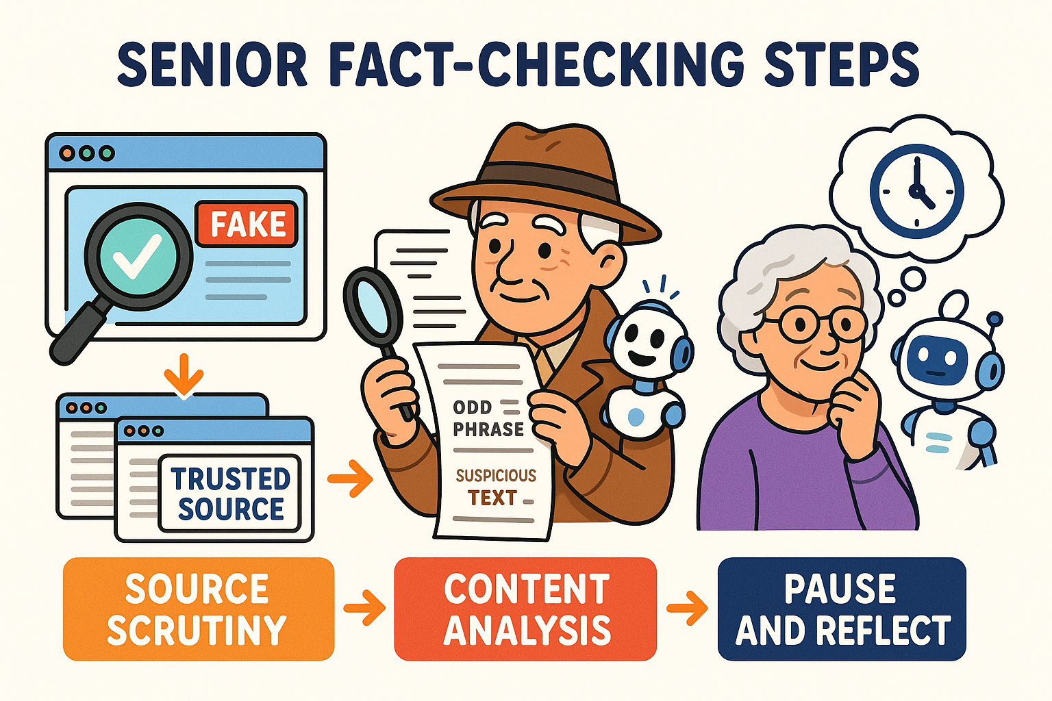 A graphic illustrating a three-step process: 1. Check the Source, 2. Look for Evidence, 3. Cross-Verify with other sources.