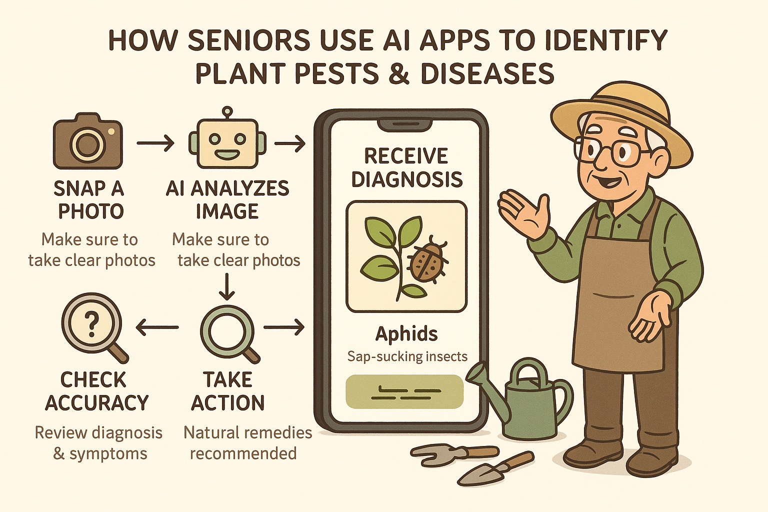 !An infographic showing five steps: 1. A hand holding a phone taking a picture of a sick plant. 2. An arrow pointing to the phone screen with the AI app analyzing the photo. 3. An arrow to a diagnosis screen identifying "Aphids." 4. An arrow to a list of suggested solutions. 5. A happy, healthy plant.