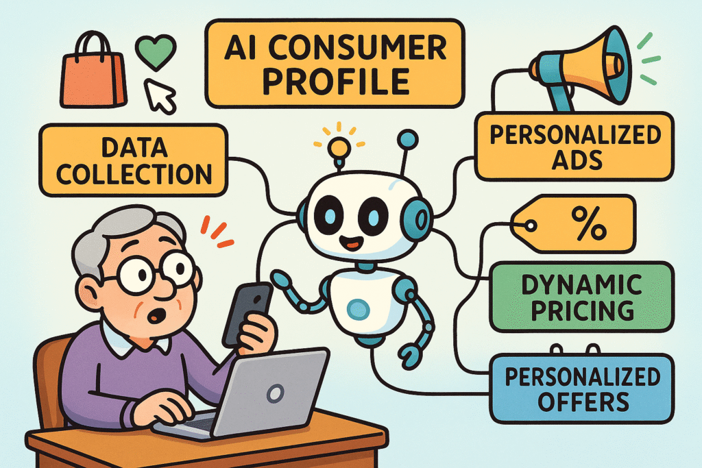 How AI Builds Your Consumer Profile: A playful visualization of data collection and personalized shopping nudges that influence prices and ads in subtle ways.