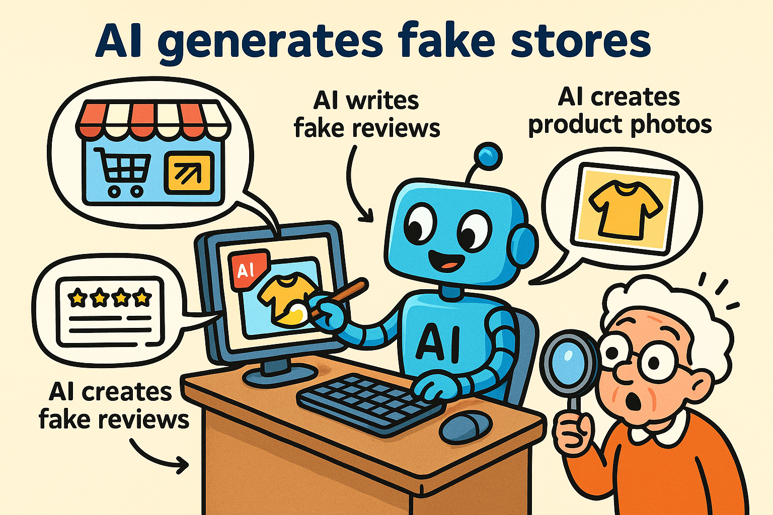 This visual clarifies how generative AI simultaneously produces realistic fake stores, reviews, and product images, forming the core of AI-enhanced online shopping scams targeting consumers.