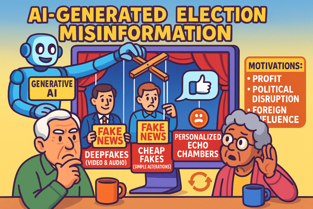This visual metaphor helps you see how AI ‘puppeteers’ generate and spread election misinformation through fake images, videos, and posts to influence what you see and believe.