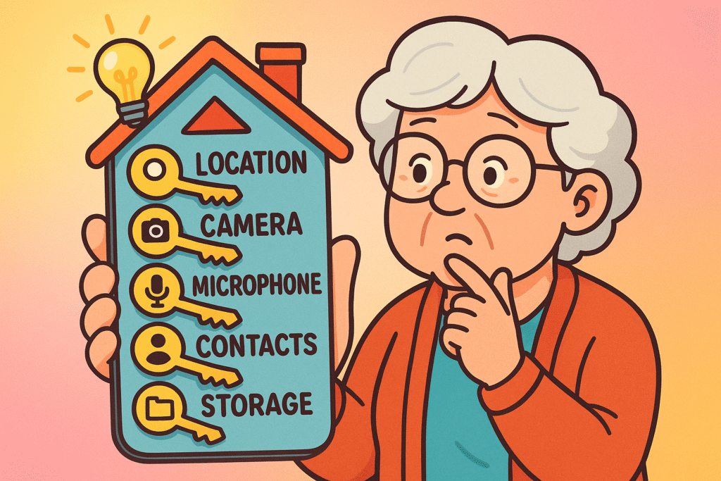 A set of keys labeled with icons for location, camera, microphone, and contacts, representing different app permissions.