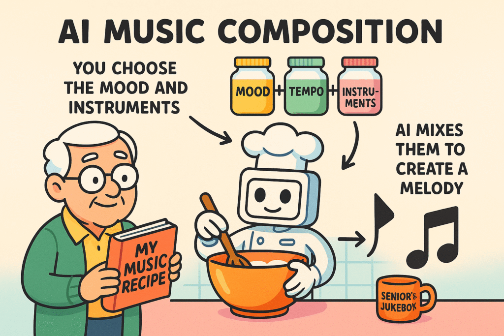 This image uses a cooking metaphor to explain AI music composition: you select 'ingredients' like mood and instruments, and the AI 'chefs' blend them into a unique melody, making the complex process feel simple and relatable.