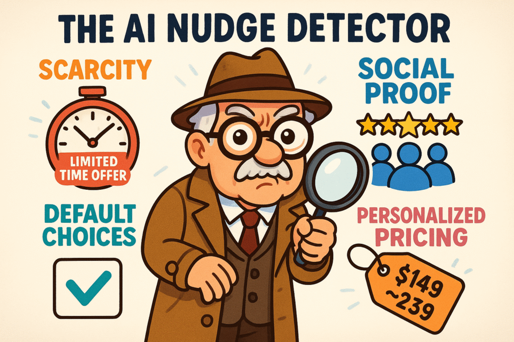The AI Nudge Detector: Memory aid to recognize common AI-driven spending nudges, helping seniors stay alert and make mindful shopping choices.