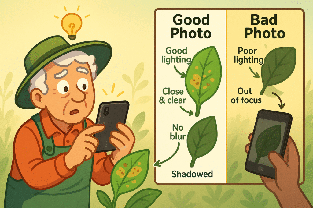 A collage showing examples of good and bad photos for AI plant identification. Good photos are in-focus, well-lit, and close-up. Bad photos are blurry, dark, or too far away.