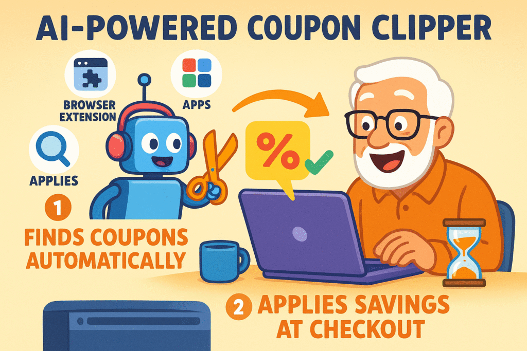 An illustration showing a senior user at a computer with an AI-powered coupon clipper browser extension automatically finding and applying discounts at checkout. Icons of shopping carts, percent signs, and dollar symbols float around, indicating savings.