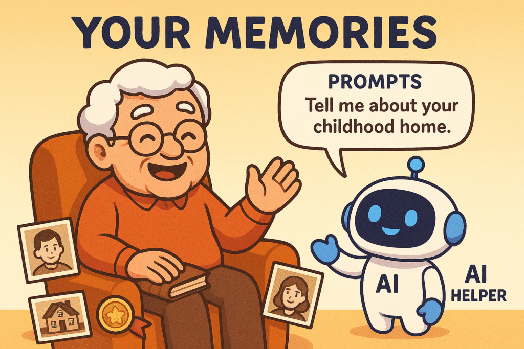 This image illustrates AI as a friendly storytelling assistant that helps seniors unlock memories by generating simple prompts, making writing personal stories approachable and fun.