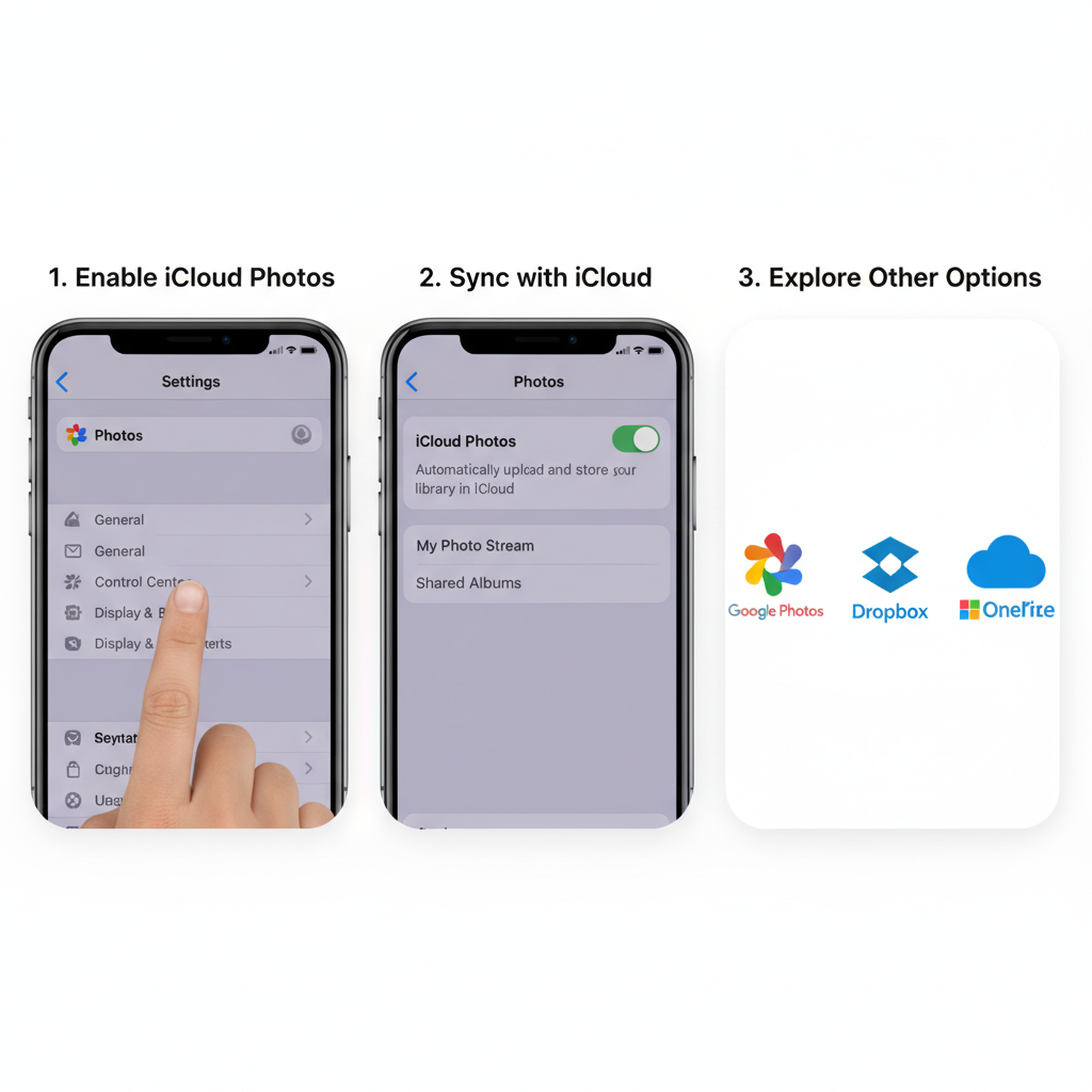 A visual guide with three panels. The first panel shows a finger tapping the 'Photos' setting on an iPhone. The second shows the iCloud Photos toggle being switched on. The third panel displays logos for Google Photos, Dropbox, and OneDrive, representing alternative cloud backup options.