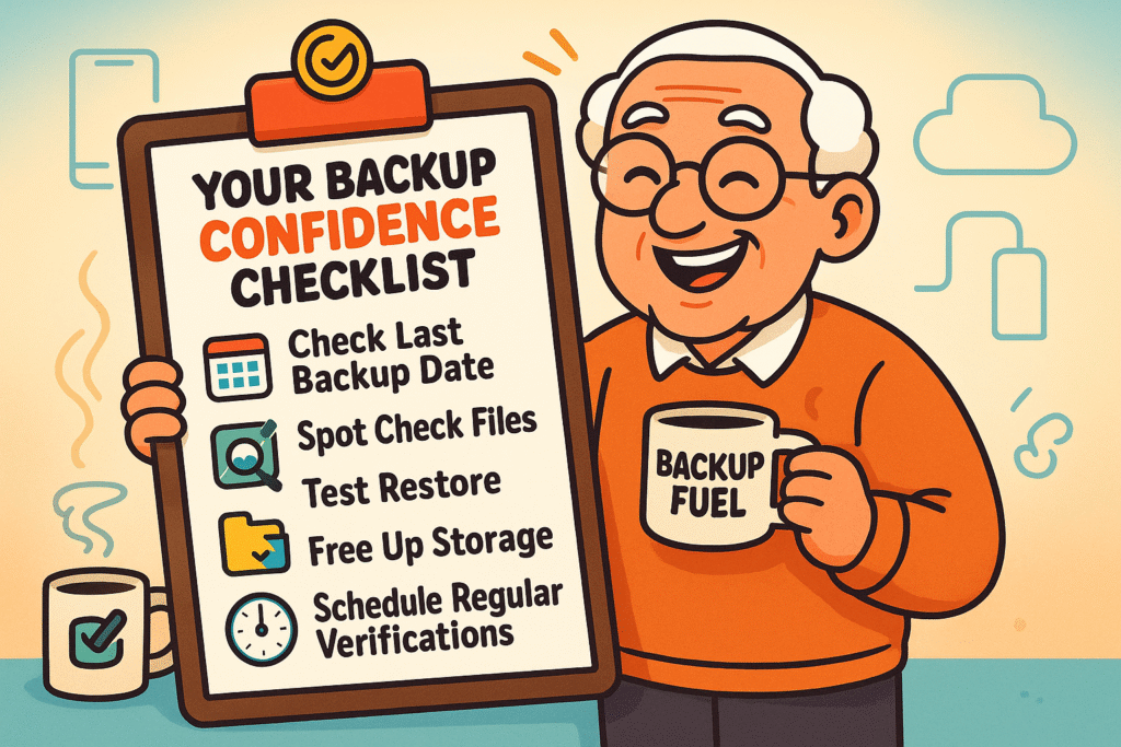 A checklist titled 'My Backup Confidence Checklist'. Items include: 'Check Last Backup Date (Weekly)', 'Spot-Check 3 Photos (Monthly)', 'Spot-Check 1 Document (Monthly)', 'Try a Mock Restore (Twice a Year)', and 'Check Backup Storage Space (Monthly)'.