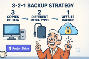 A diagram explaining the 3-2-1 backup rule with icons for a computer, an external drive, and a cloud server.