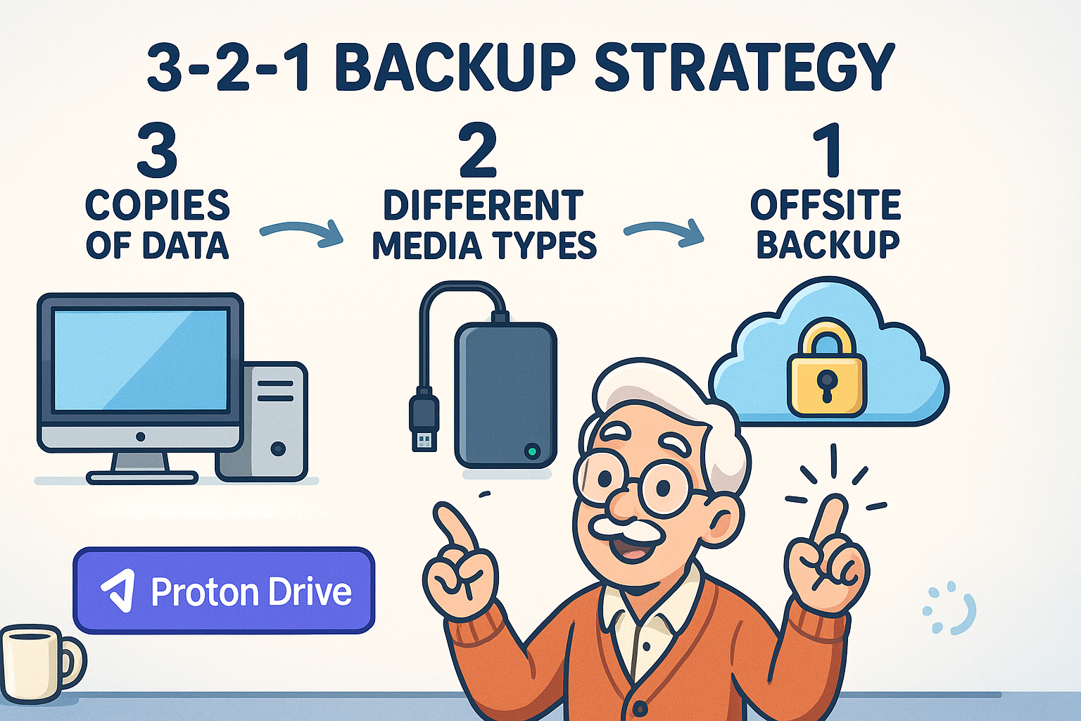 A diagram explaining the 3-2-1 backup rule with icons for a computer, an external drive, and a cloud server.