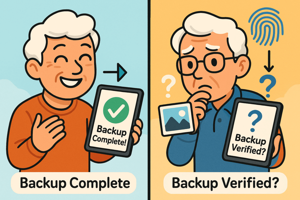 A graphic showing a checkmark next to 'Backup Complete' but a question mark next to 'Backup Verified?' with icons of photos and documents in the background.