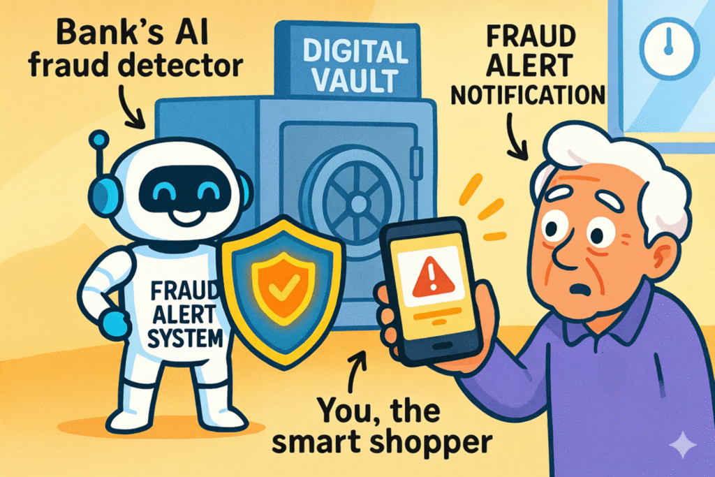 An illustration of a friendly robot with a shield standing in front of a bank vault, holding up a phone with an alert symbol. The robot is protecting stacks of money from shadowy figures trying to access it through a computer screen.