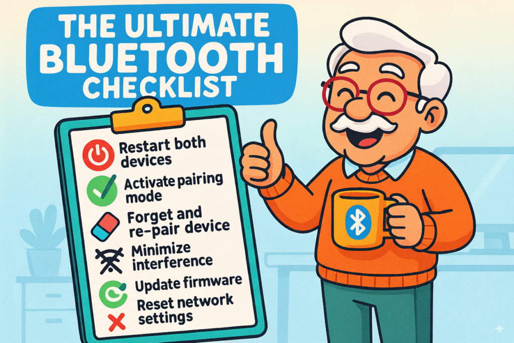 A checklist graphic with icons for power, battery, and proximity, titled "Bluetooth Connection Checklist." The steps are: 1. Restart Both Devices, 2. Check Battery Life, 3. Bring Devices Closer.