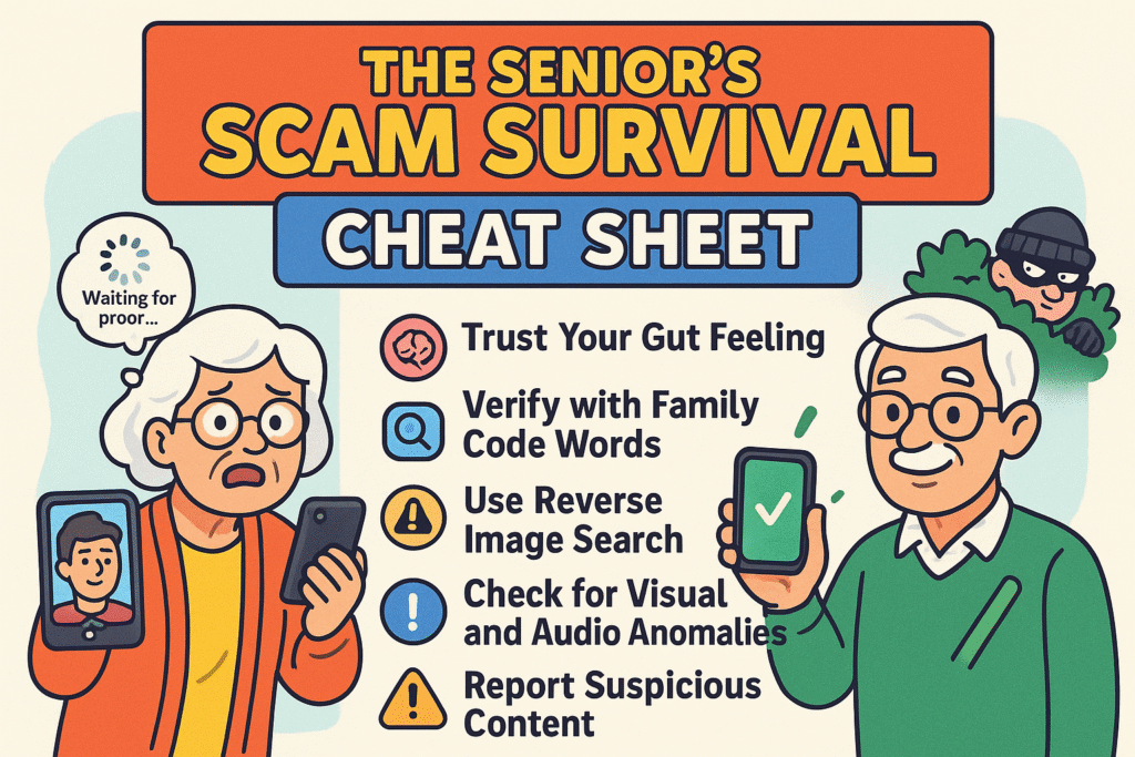 This memorable cheat sheet helps seniors retain key actions to protect themselves from AI scams, turning complex advice into a friendly, easy-to-use reference.