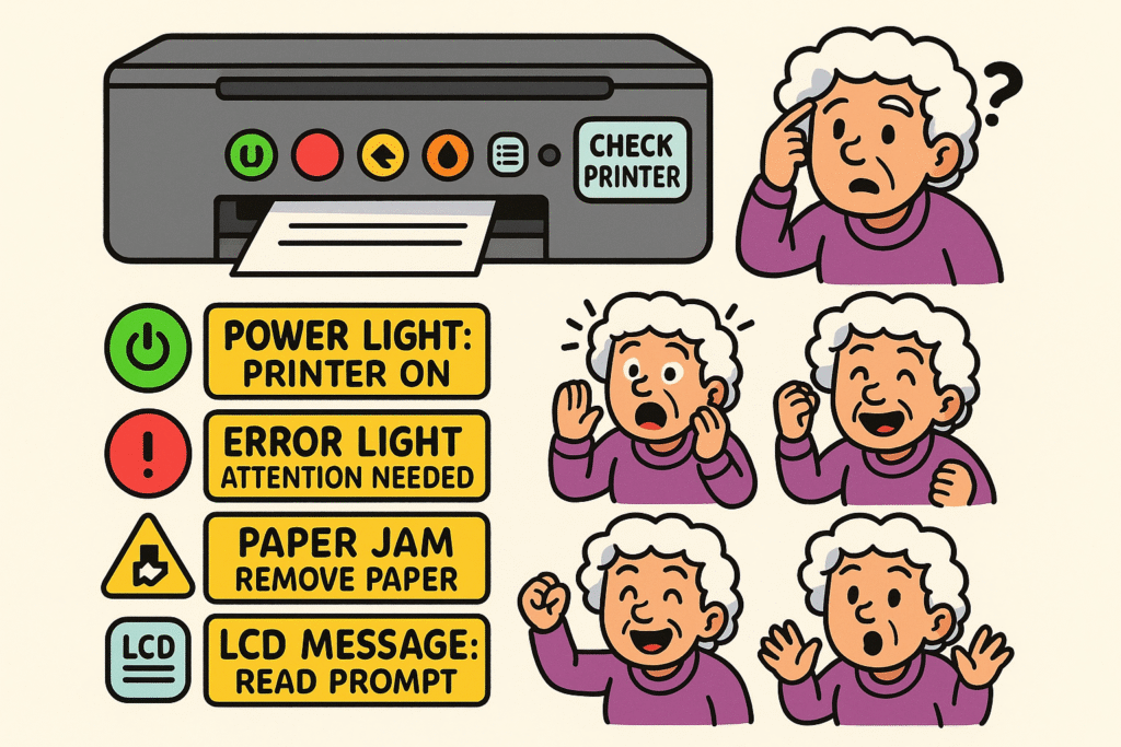 A simple chart with icons: a solid green light labeled 'Ready to Print,' a blinking orange light labeled 'Needs Attention (Paper/Ink/Jam),' and a blinking green light labeled 'Processing Job.'
