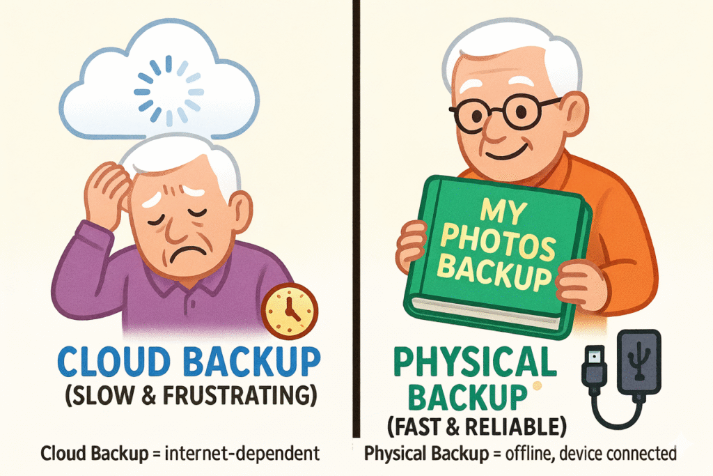 Understanding why physical backup using an external hard drive can be faster and less frustrating than cloud backup when internet speeds are slow.