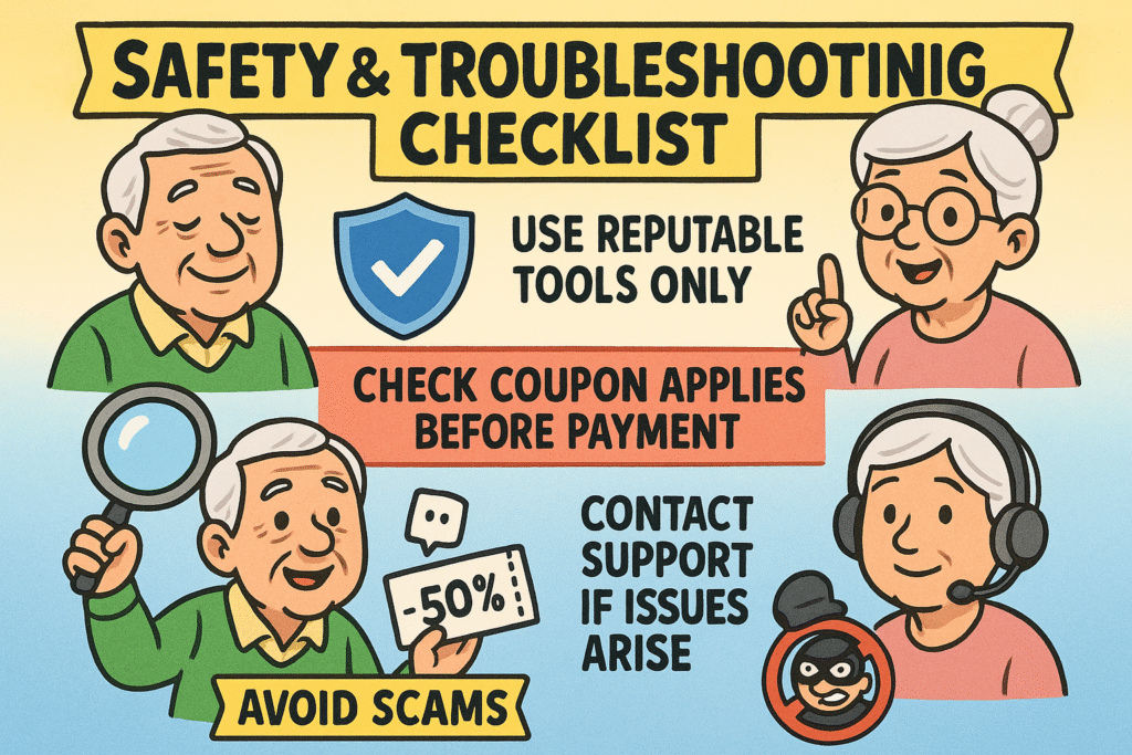 A checklist-style graphic with simple icons for 'Use Trusted Brands,' 'Don't Overshare Personal Info,' and 'Review Permissions.' Each point has a short, clear explanation of the safety tip for seniors.