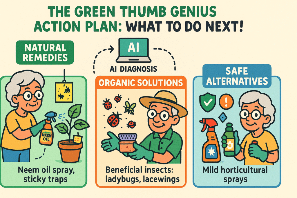 A simple three-panel graphic. Panel 1 shows a hand spraying a plant with a water bottle labeled "Natural." Panel 2 shows a ladybug on a leaf labeled "Organic." Panel 3 shows a bottle of horticultural oil labeled "Safe Spray." The overall title is "Your Action Plan."