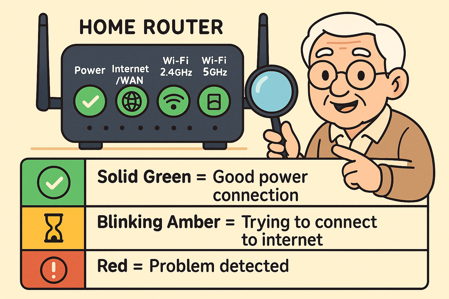 An infographic showing common router light symbols (Power, Wi-Fi, Internet/Globe) and what their colors (green, amber, red) and states (solid, blinking) mean.