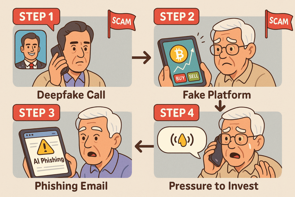 A flowchart illustrating the steps of an AI crypto scam. It starts with "Scammer Creates Fake Profile," moves to "Builds Trust with Target," then to "Presents 'AI' Investment," "Victim Sends Crypto," and finally ends with "Scammer Disappears," showing the clear progression of the fraud.