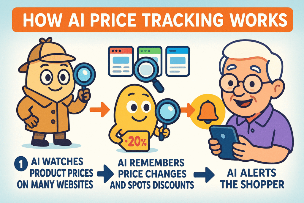 This visual shows how AI acts like a personal shopping assistant that constantly watches prices, learns about discounts, and notifies you, making saving money effortless and stress-free.
