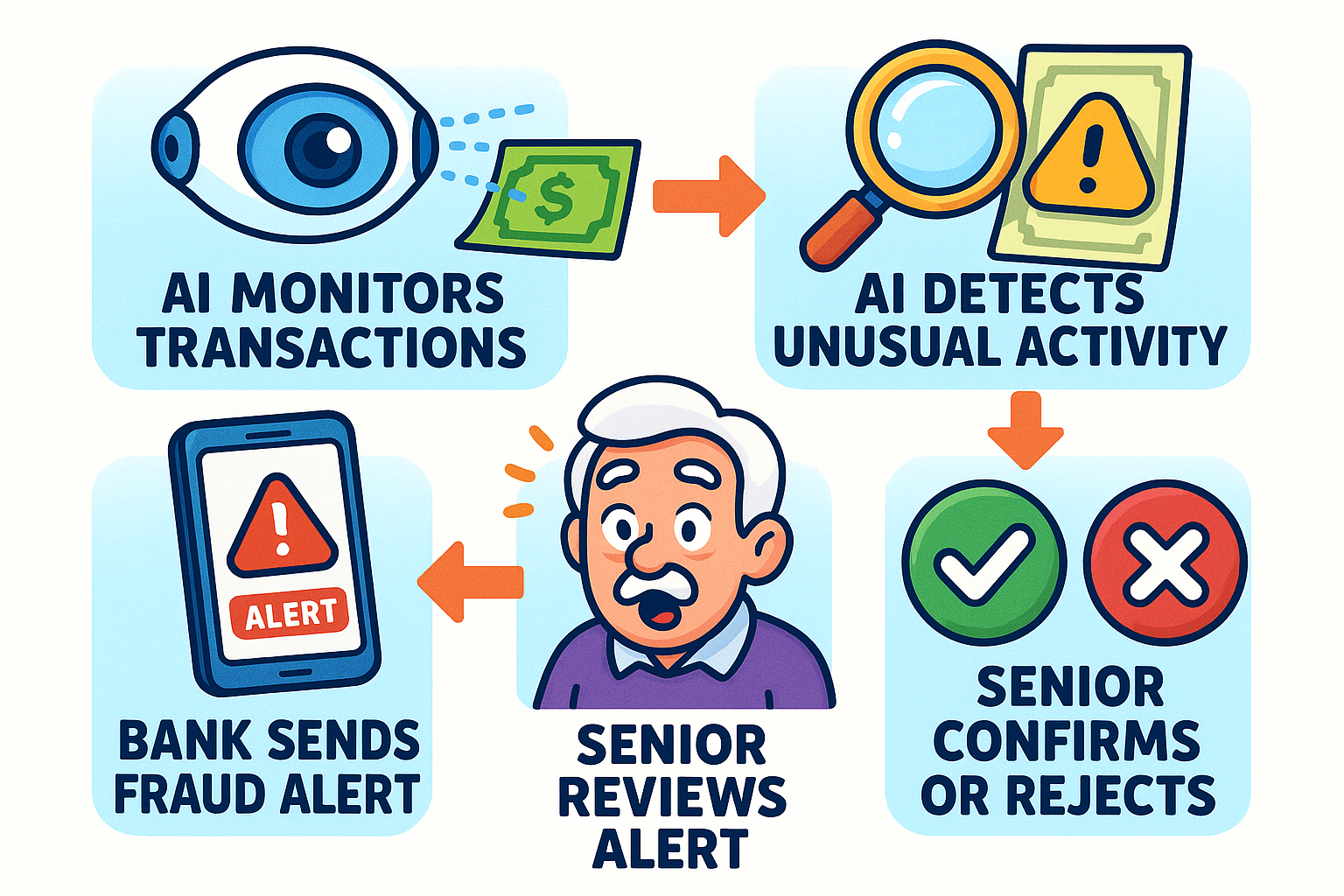 A flowchart showing four steps: 1. You make an online purchase. 2. Bank's AI analyzes the transaction for unusual activity. 3. If suspicious, the AI flags the transaction and sends an alert to your phone. 4. You confirm or deny the transaction via the alert.