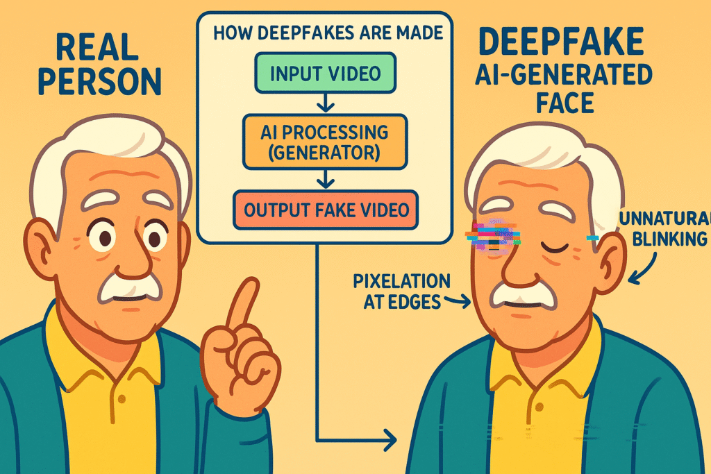 A graphic showing how a real person's video is fed into an AI system, which then generates a new, manipulated deepfake video. The process is broken down into steps like 'Input Real Video,' 'AI Analyzes & Learns,' and 'Generates Fake Video,' with visual cues pointing to subtle errors in the deepfake like unnatural blinking and blurry edges.