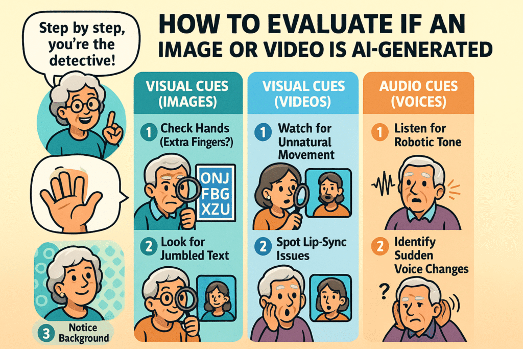 This step-by-step flowchart guides seniors through practical, easy-to-follow checks to identify AI-generated images, videos, and audio, building their confidence to spot fakes.