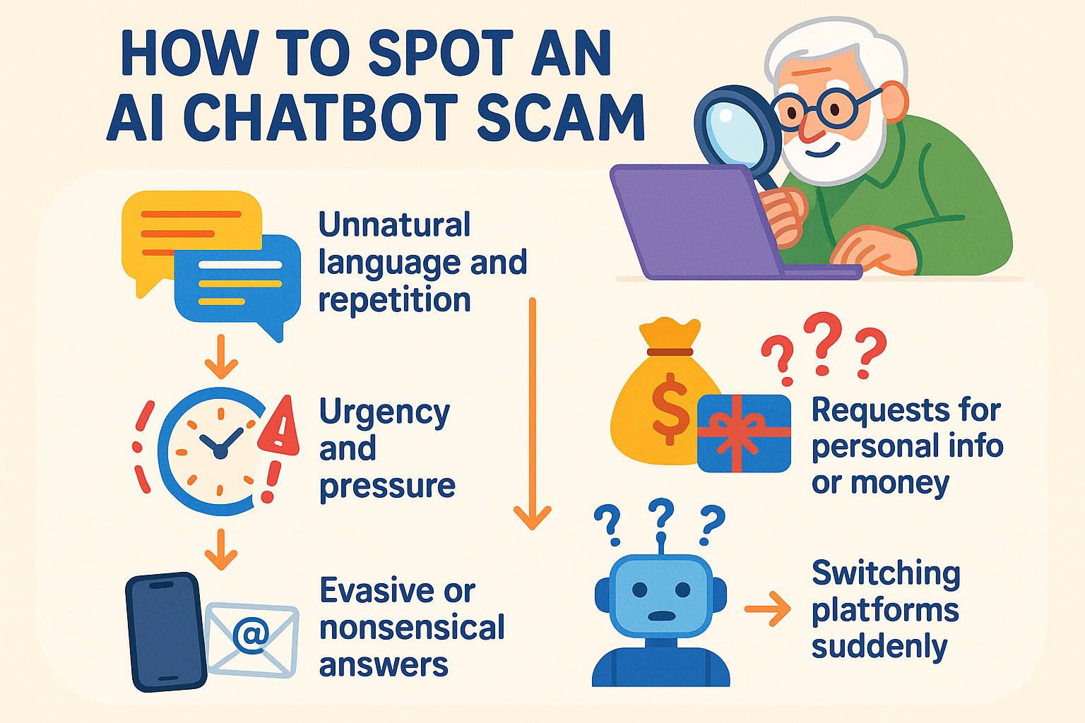 An infographic with five icons illustrating key red flags for spotting AI scams: 1) Urgent Demands, 2) Strange Language, 3) Asks for Personal Info, 4) Generic Answers, 5) Weird Payment Methods.
