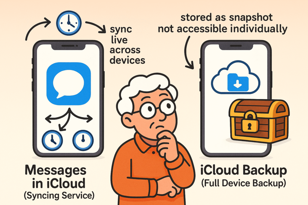 A diagram comparing "Messages in iCloud" (syncing) with "iCloud Backup" (snapshot). On the left, icons for an iPhone, iPad, and Mac are connected with arrows to an iCloud symbol, labeled "Messages in iCloud (Syncing)." On the right, an iPhone icon points to a locked vault icon, labeled "iCloud Backup (Snapshot)."