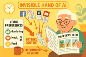 An illustration showing a newspaper with personalized content flowing out of a laptop, representing how social media algorithms create a tailored feed for each user.