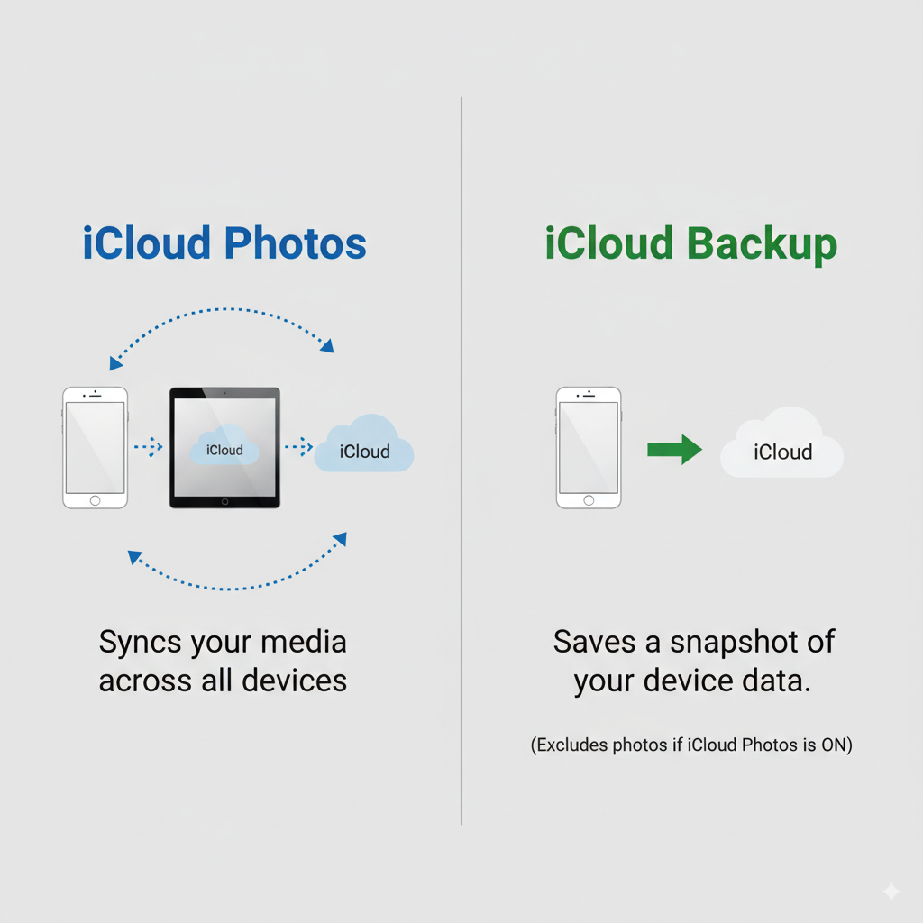 An infographic showing the difference between iCloud Photos and iCloud Backup. On the left, iCloud Photos is depicted as a continuous flow of photos syncing between an iPhone, iPad, and the iCloud, with a caption 'Syncs your media across all devices.' On the right, iCloud Backup is shown as a single arrow pointing from an iPhone to iCloud, with a caption 'Saves a snapshot of your device data,' and a note stating 'Excludes photos if iCloud Photos is ON.'