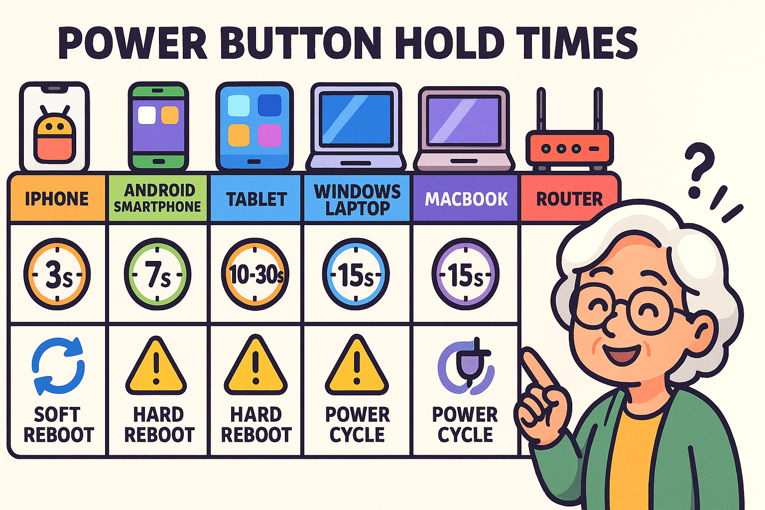 A comparative table summarizing power button actions for different devices. Rows include iPhone, Android Phone, and Laptop/Desktop. Columns detail the action for a 'Soft Restart' (on-screen menu), 'Hard Restart' (button combination and hold time, e.g., iPhone: Vol Up, Vol Down, Hold Side; Android: Hold Power 10s; Laptop: Hold Power 10-30s), and 'When to Use' (Soft: Routine refresh; Hard: Frozen screen).