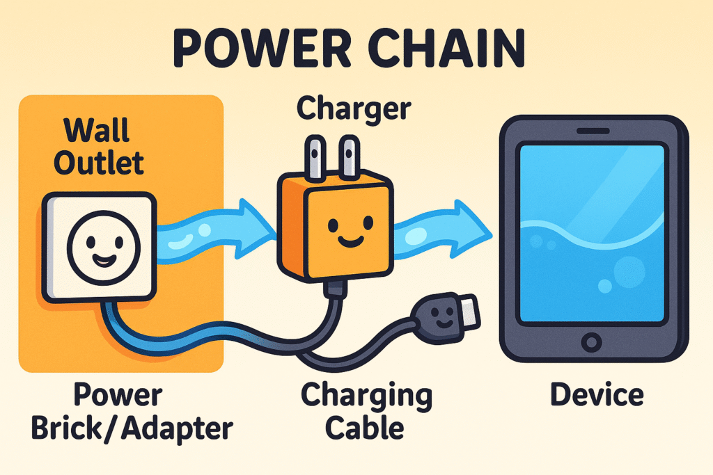 An illustration showing a wall outlet, a charging adapter and cable, and a smartphone, with arrows indicating the flow of power from one to the next.