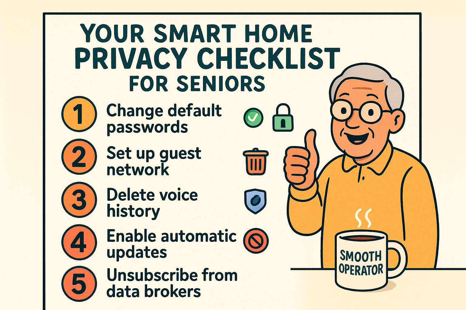 A simple, clean checklist graphic with items like 'Review Speaker History,' 'Disable TV Tracking (ACR),' 'Check App Permissions,' and 'Secure Wi-Fi Router.' Each item has a checkbox next to it, making it look like an actionable and achievable to-do list.