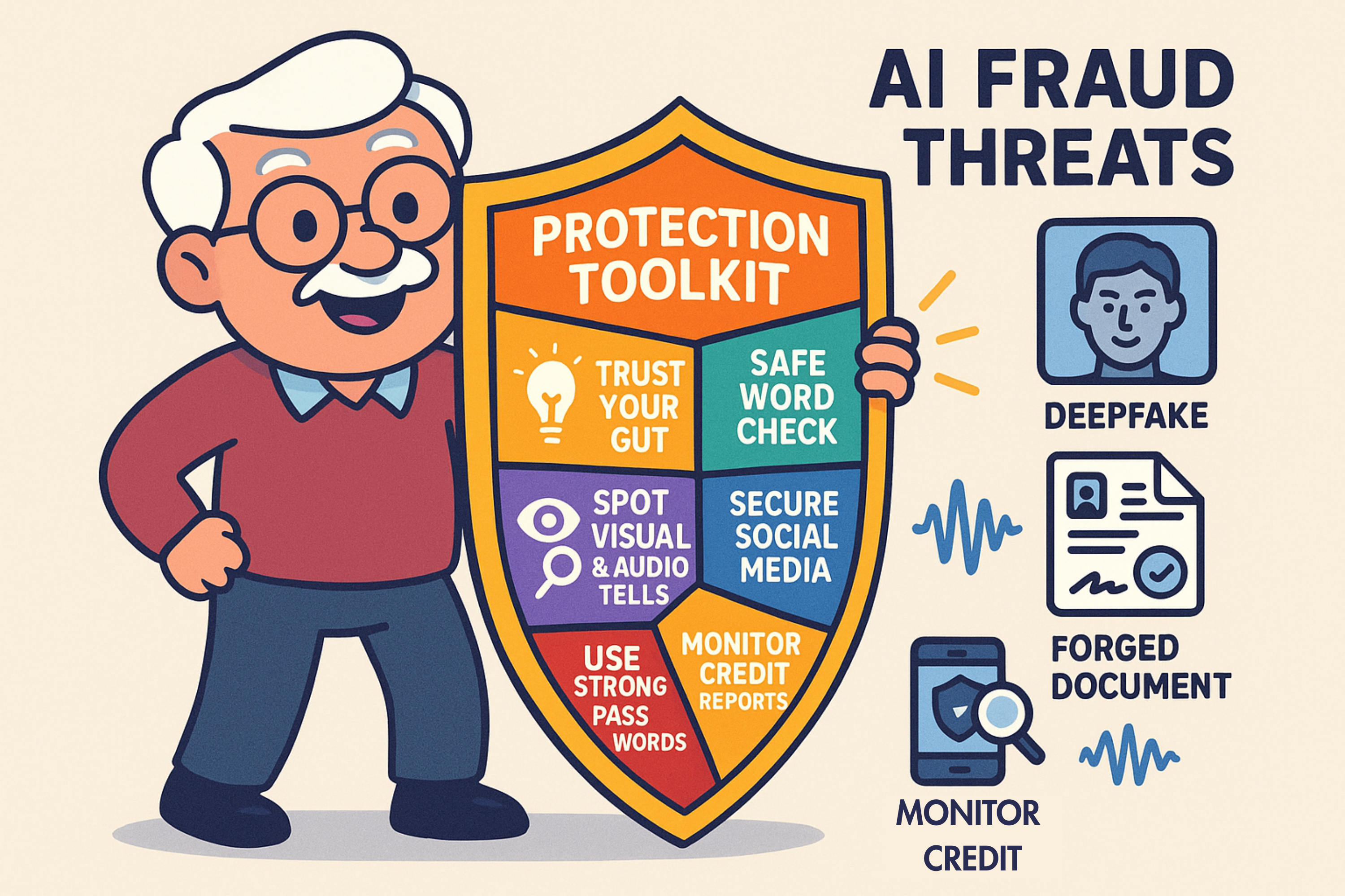 A visually appealing summary graphic presented as a 'toolkit.' It includes icons for three key strategies: a 'pause' button icon labeled 'Pause & Verify,' a padlock icon labeled 'Lock Down Your Online Info,' and a speech bubble icon labeled 'Talk With Your Family.' Each icon has a short, one-sentence description of the strategy.