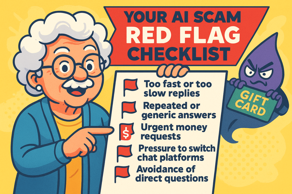 A colorful infographic summarizing the key AI scam red flags: Unnatural Language, Rushing You, Dodging Questions, and Asking for Money/Info. Each point has a simple icon and is presented in a memorable, easy-to-read layout.