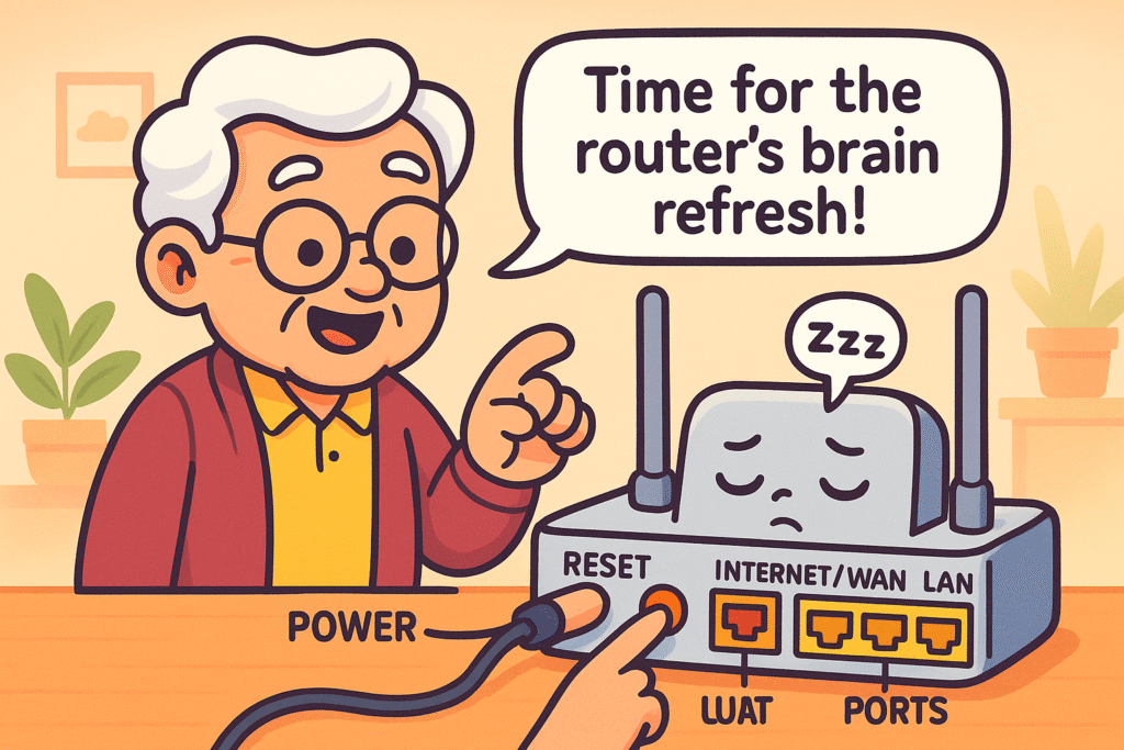 This image shows a router as a friendly mini-computer that sometimes gets tired and needs a 'brain refresh'—a simple reboot—to clear its confusion and restore Wi-Fi connectivity.