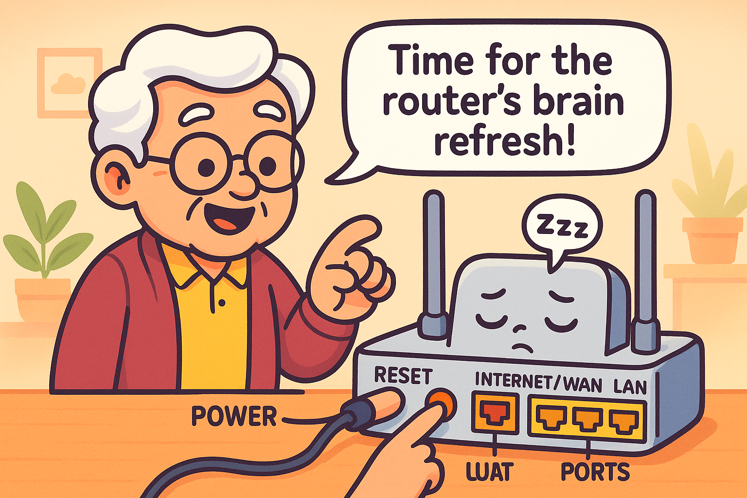 !A cartoon router with a thought bubble showing a spinning wheel, next to a router with a clear head and a Wi-Fi signal.