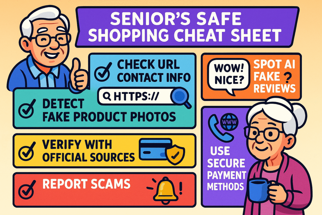!This cheat sheet anchors essential safety tips with memorable icons and humor to reinforce confident, scam-aware online shopping habits among seniors.