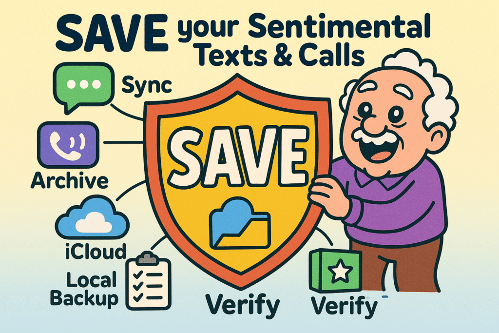 An image with the acronym S.A.V.E. written vertically. Each letter has a corresponding icon and a short phrase. S: A cloud sync icon with "Sync Messages." A: A folder icon with "Archive Permanently." V: A vault icon with "Vault Backups." E: A document icon with "Export for Access." and a checkmark icon with "Verify Regularly."