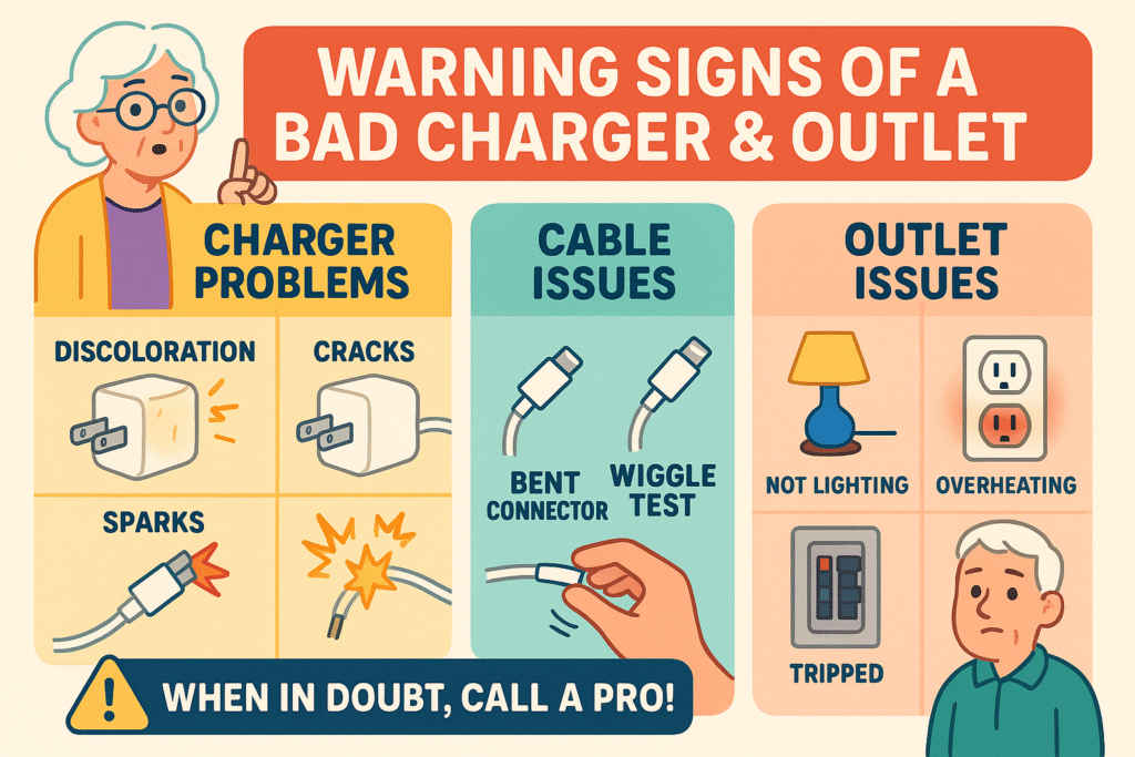 A visual summary graphic showing clear signs of charging problems. It includes images of a frayed cable, lint in a charging port, a cracked power brick, and a GFCI outlet with the reset button popped out.