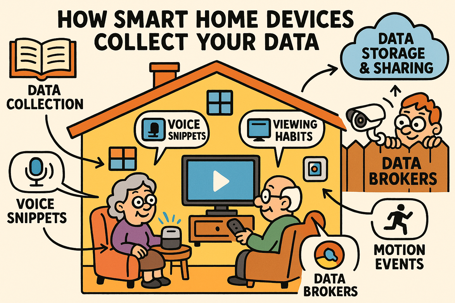 A diagram showing a smart home with icons for a TV, speaker, and thermostat, with arrows pointing to a cloud icon. This visual simplifies the concept of data from various devices being collected and stored in the cloud.