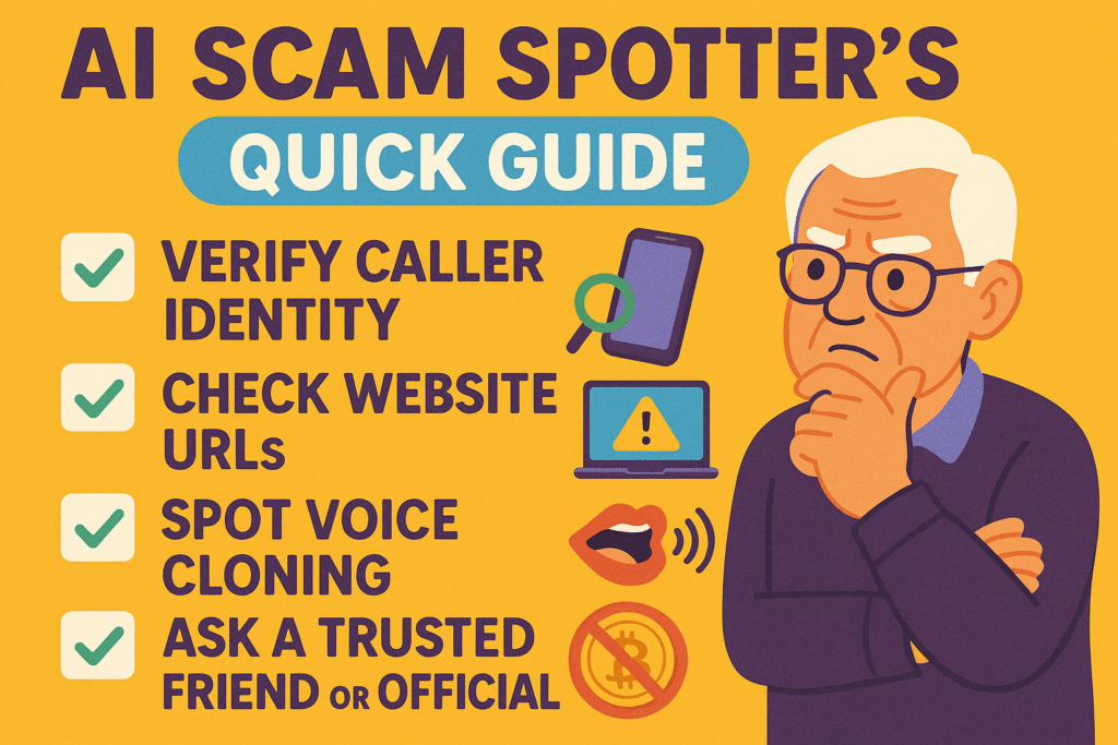 A checklist with simple icons and bold text titled "AI Scam Red Flags." The points include: "Promise of Guaranteed Returns," "Pressure to Act Immediately," "Payment by Crypto or Wire," "Mysterious 'Secret' Methods," and "Unverifiable Advisor," each with a checkbox.
