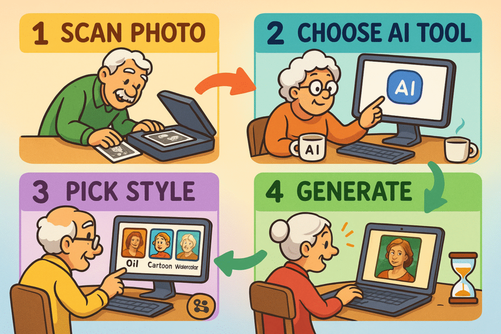 A visual flowchart showing the steps for a beginner: a person scanning an old photo, then sitting at a computer choosing an art style, the AI processing the image, and finally the person happily holding a framed print of the new AI-generated artwork and sharing it on a tablet with family.