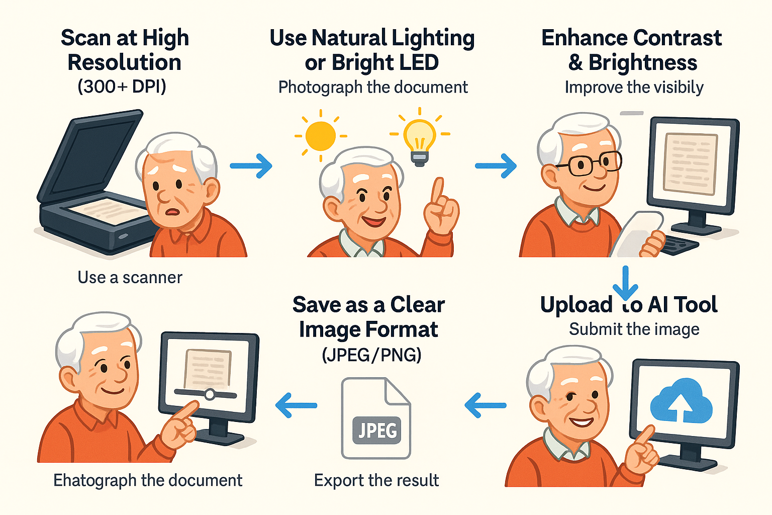 A flowchart shows three steps: 1. A photo of an old document with the title 'Capture Document' and icons for a scanner and a smartphone. 2. A box titled 'Enhance Image' with sliders for 'Contrast' and 'Brightness'. 3. An icon of a document being uploaded to a computer with the title 'Upload to AI Tool'. Arrows connect the steps in sequence.